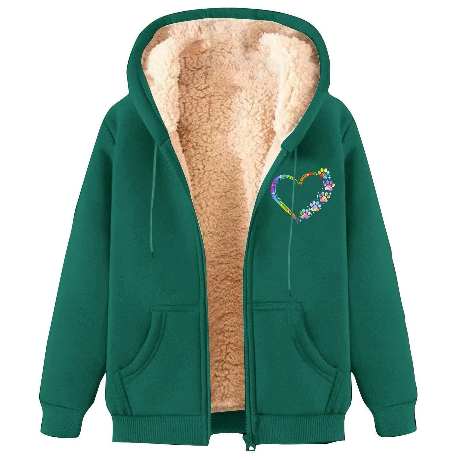 Женское пальто из флиса с капюшоном и молнией, Verde