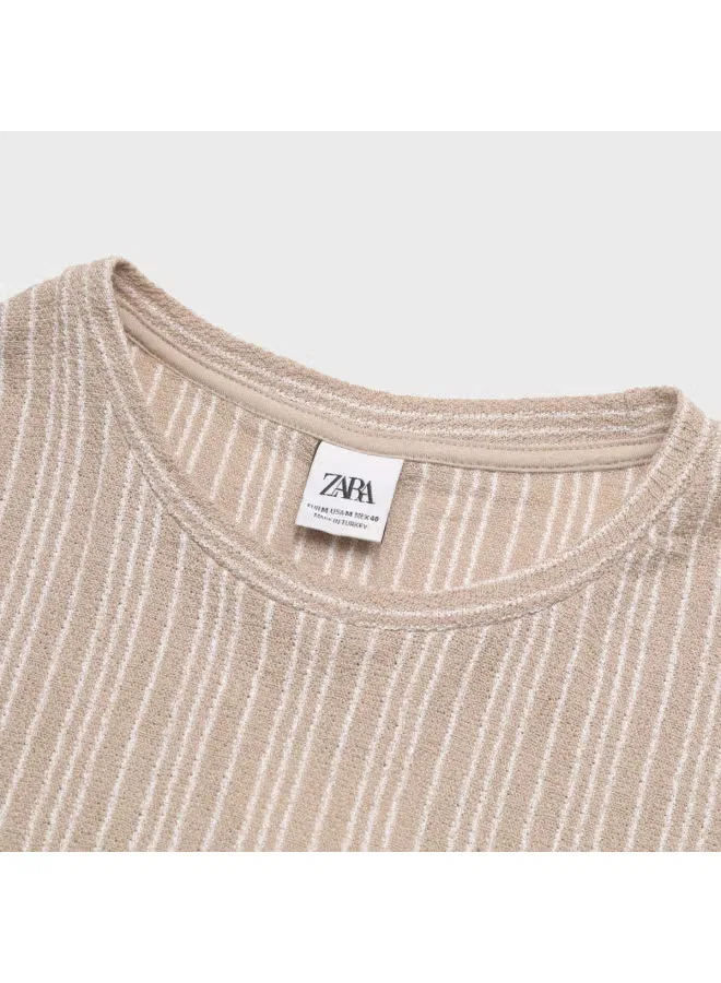 Футболка с контрастными полосами хлопковая Zara, светло-хаки/белый — фото 4