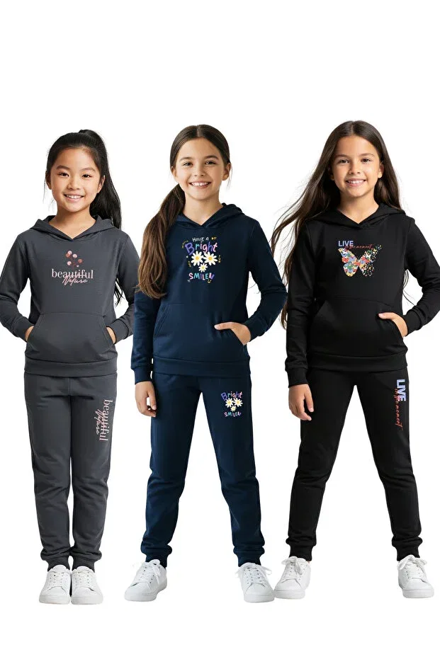 Детский спортивный костюм для девочек с принтом 3-предметный Fyk Kids, Smoked-Blue-Black