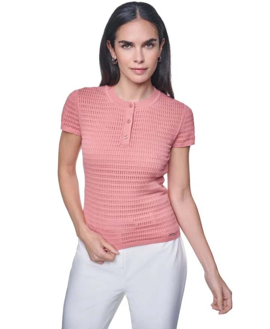Двухкнопочный свитер с круглым вырезом и коротким рукавом Calvin Klein, Desert Rose