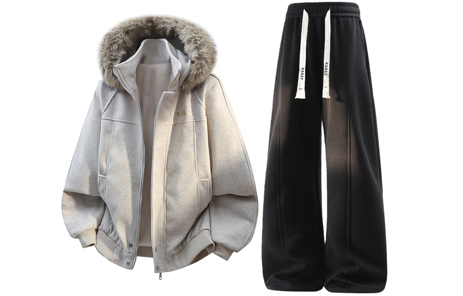 Детский комплект из свитшота и брюк с капюшоном, на флисе, X1617, Beige Apricot/Black