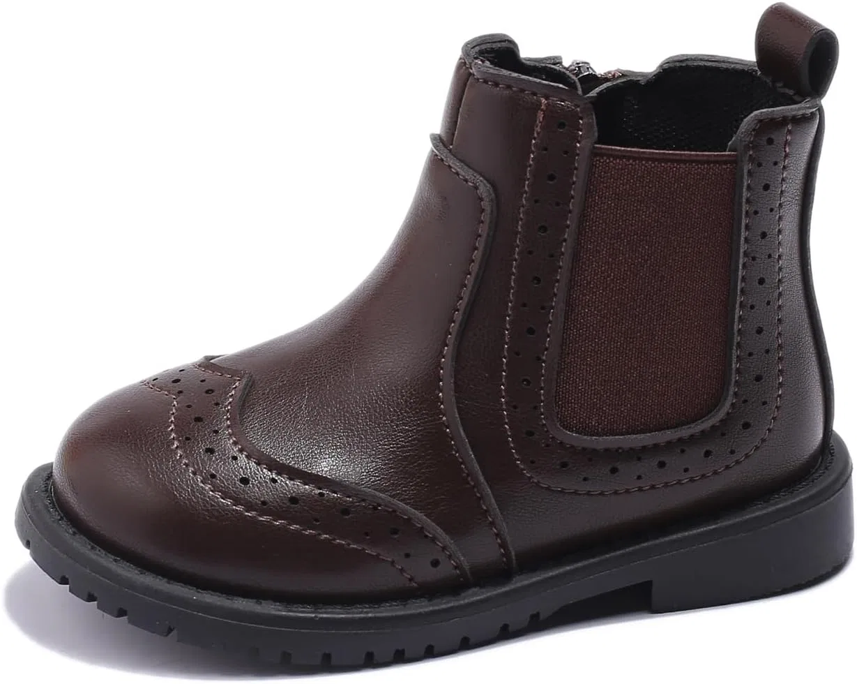 Детские кожаные ботинки на щиколотке с боковой молнией Brogue Style YWPENGCAI, Brown