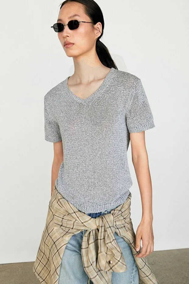 Женская футболка с коротким рукавом из хлопковой смеси Massimo Dutti, Gray — фото 2