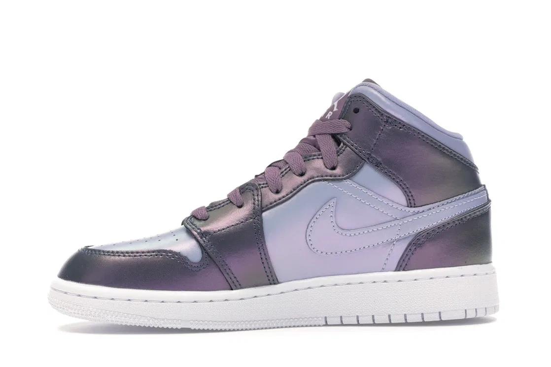Детские кроссовки с кожаным верхом Jordan 1 Mid, Monsoon Blue/Purple Rise-Violet Dust-White-Melon Tint — фото 3