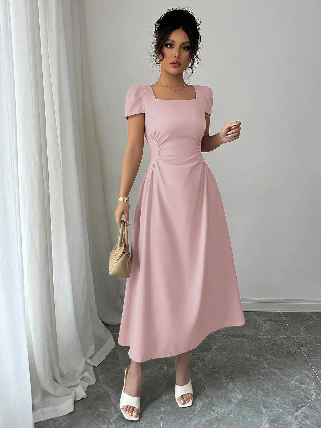 Женское элегантное платье A-силуэта с коротким рукавом, Pink — фото 4