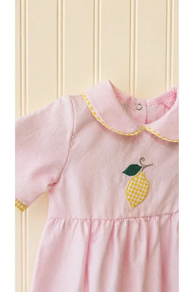 Детское боди-комбинезон для девочек с коротким рукавом Limon belle baby girl pink bubble romper - premium romper with lemon appliqué Molini, Pink — фото 3