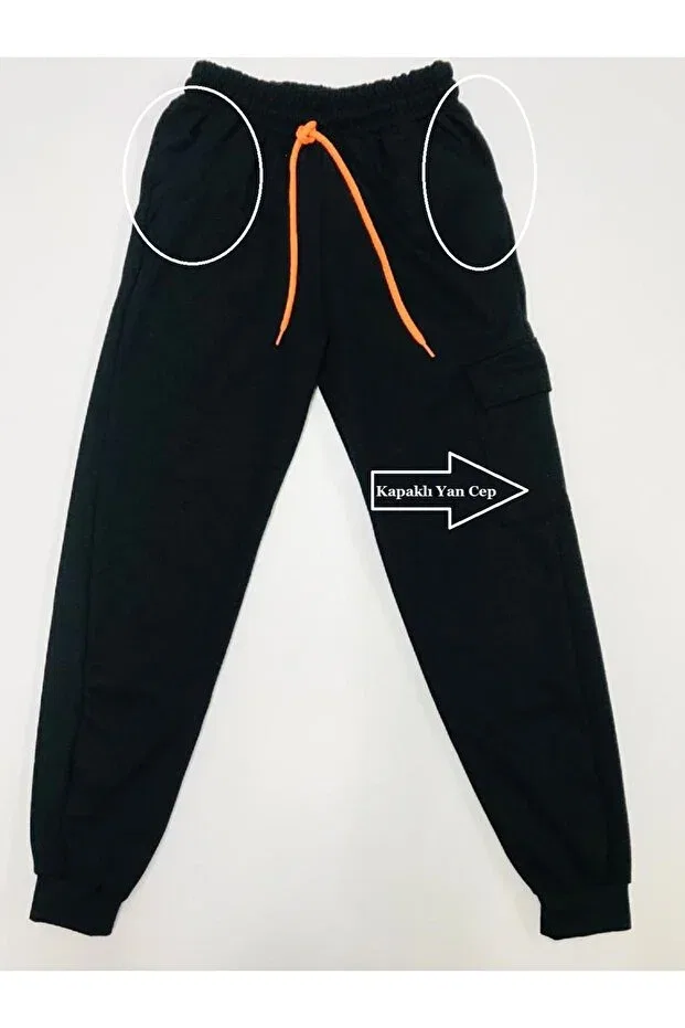 Детские спортивные штаны для мальчиков с карго-карманами Seasonal 2-thread 2-front 1-pocket tracksuit pants for boys with drawstring at the waist and elastic ribbed cuffs Baby Slon Kids Clup, Black — фото 2