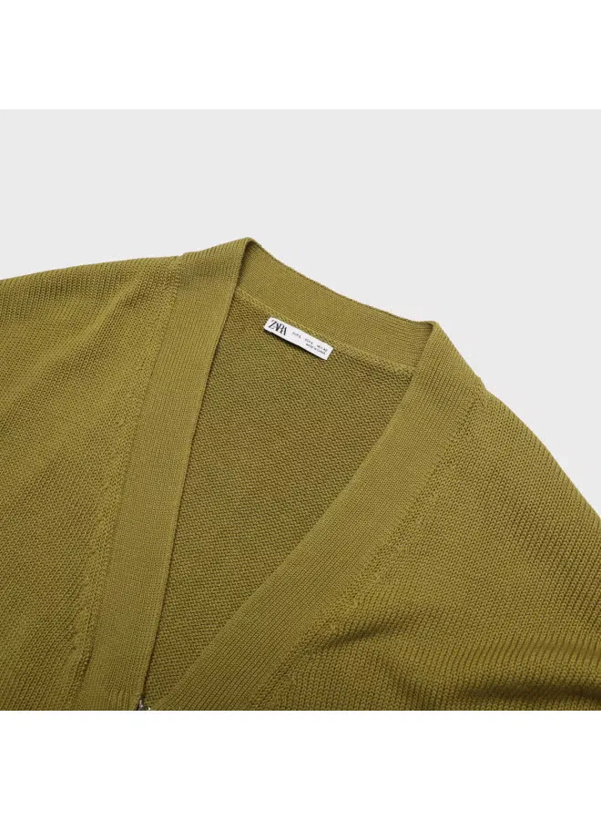 Кардиган с V-образным вырезом, хлопковый, Zara, коричнево-зеленый — фото 4