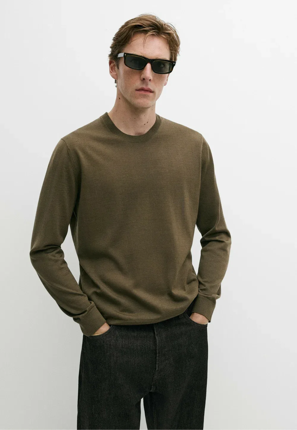 Вязаный свитер с круглым вырезом из 100% мериносовой шерсти Massimo Dutti, Olive