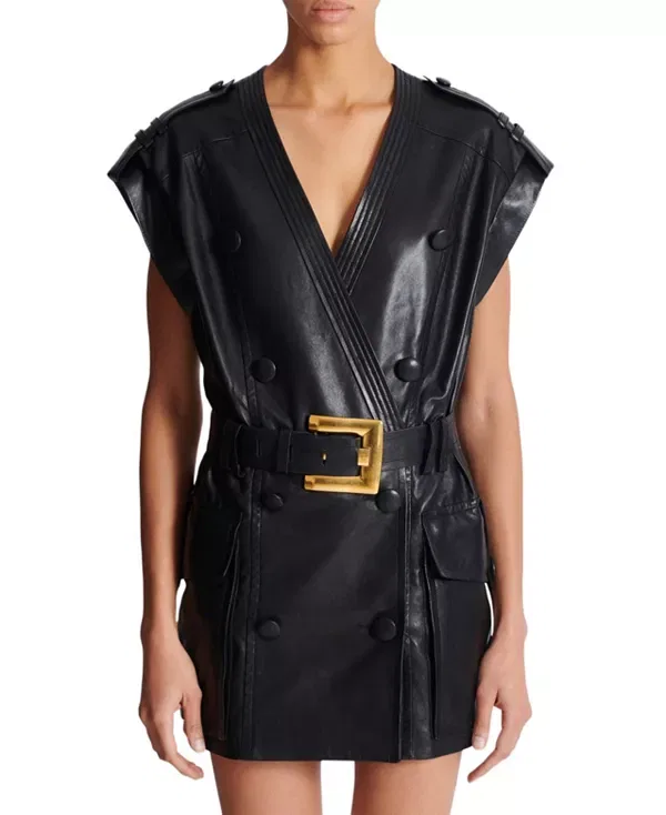 Женское кожаное платье с коротким рукавом Balmain, черный