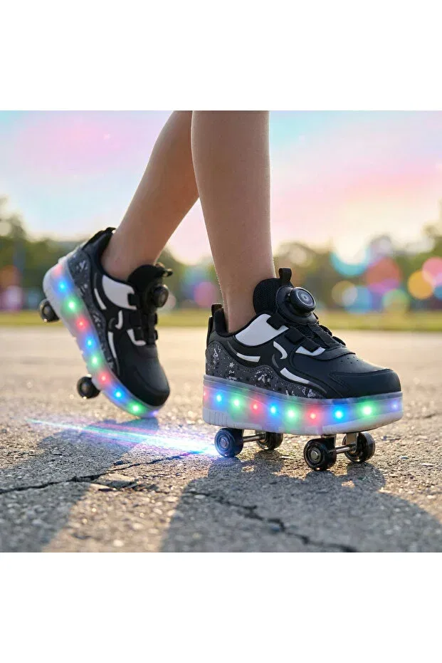 Детские кеды для девочек с принтом Fun Led-Soled Roller Skates Rocky, Black — фото 2