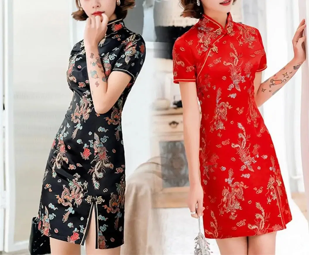 Женское платье-ченгсам с цветочным узором Slim Fit, Red — фото 3