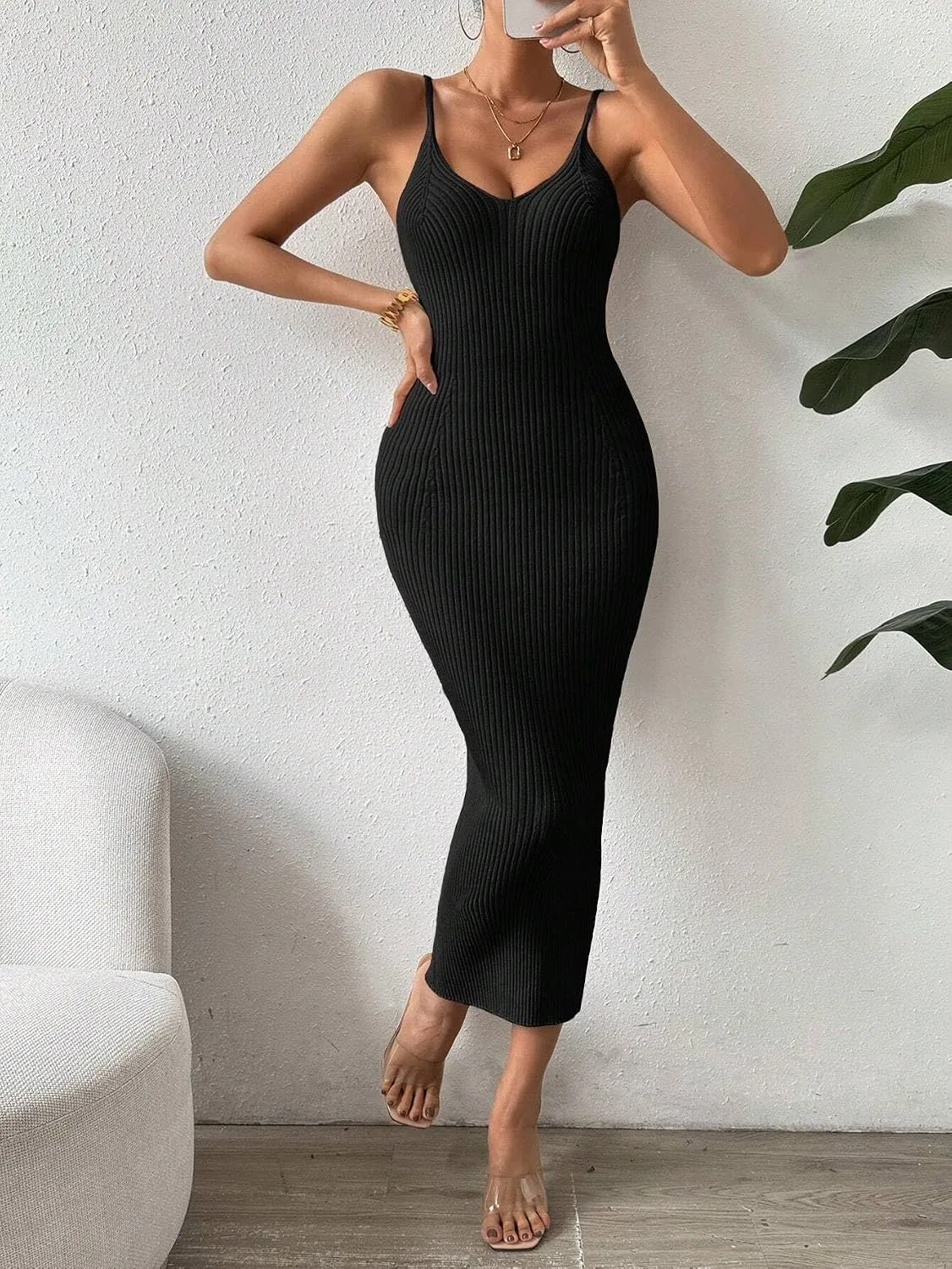 Женское длинное платье облегающее из трикотажа, Black — фото 4