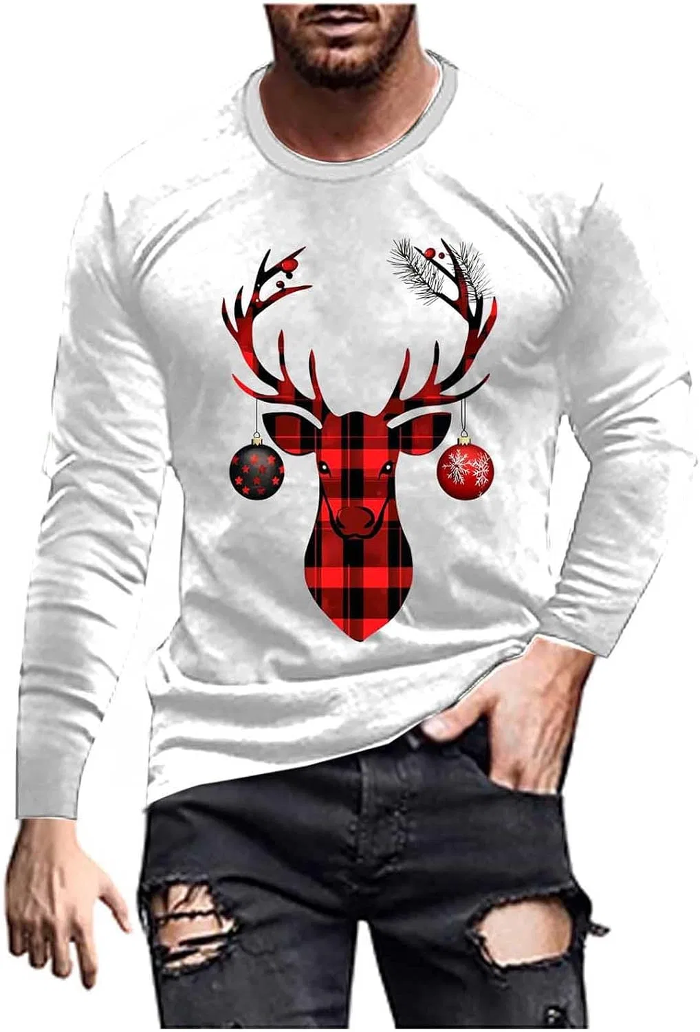 Мужская атлетическая футболка с праздничным принтом, Crew Neck, White