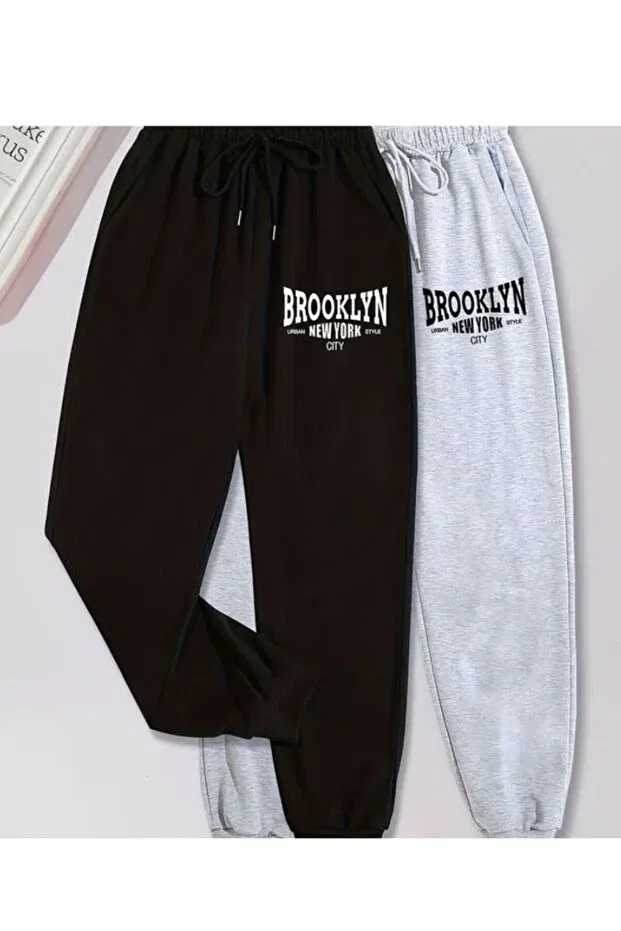 Детские спортивные штаны для девочек с принтом, 2-шт, Brooklyn, Cm Buseyiz, Black-Grey