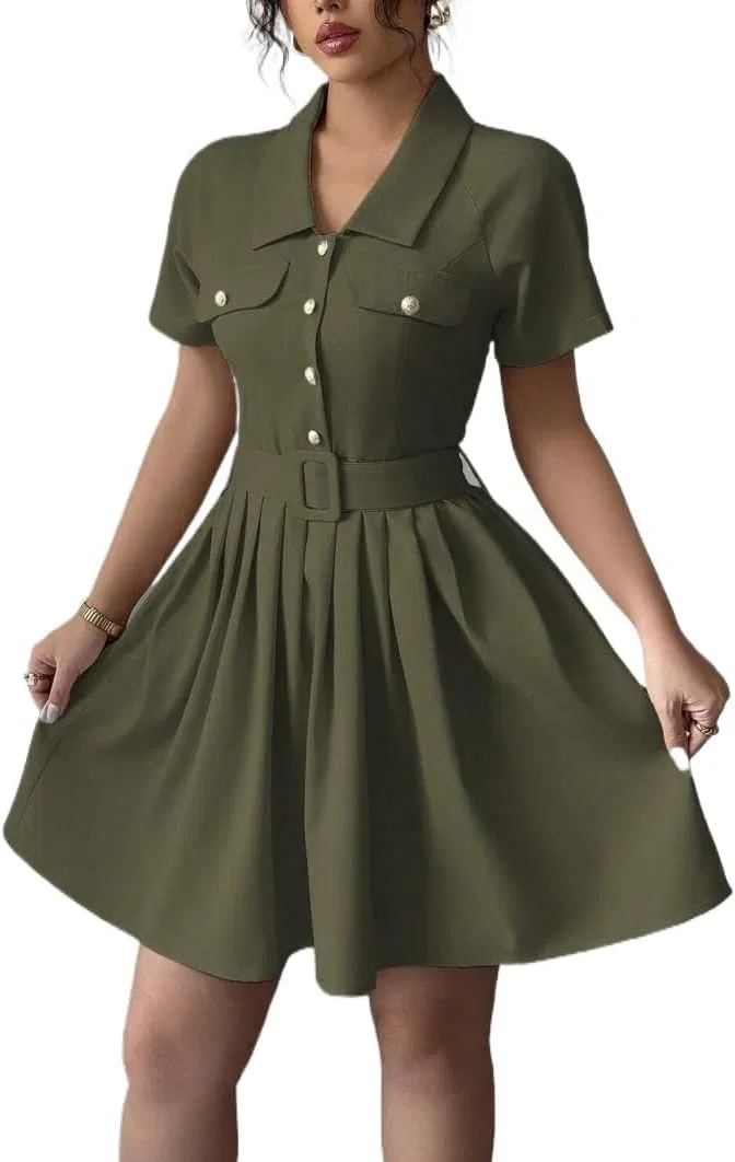 Женское повседневное платье А-силуэта с поясом TOOSIS, Army Green