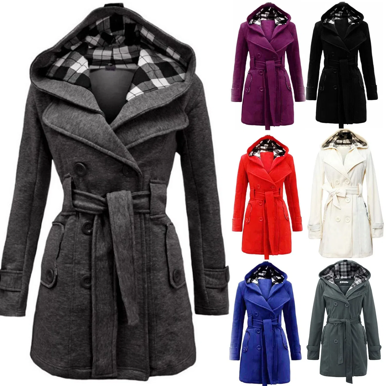 Женское зимнее пальто с капюшоном и поясом Classic Double Breasted Coat, blue