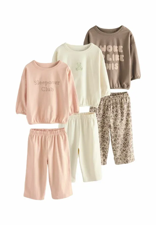 Пижамный комплект из 3 предметов, свободный крой, Wide leg 3 pack set, Next, Ecru Pink Slogan Print, розовый