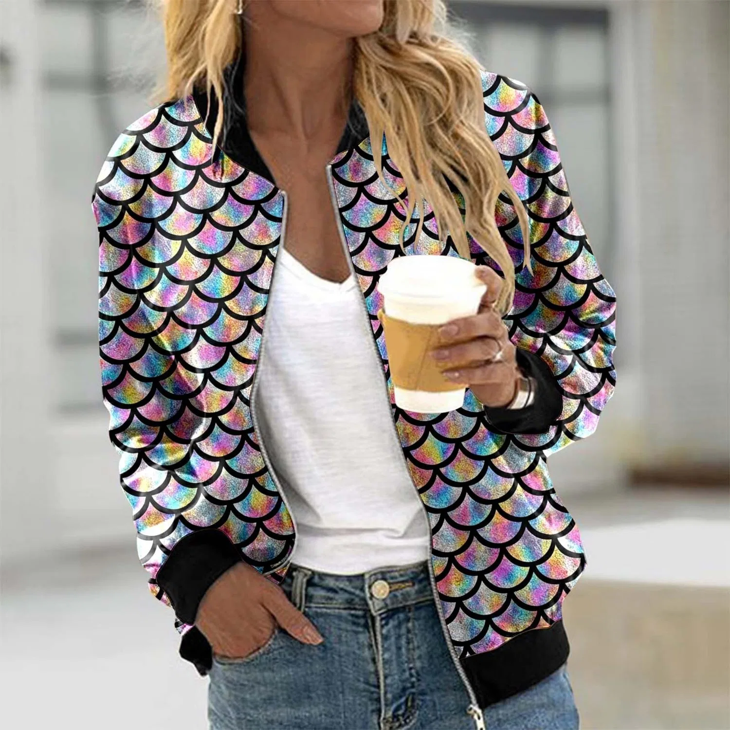 Женская куртка с принтом чешуи, модель bomber, Multicolore — фото 3