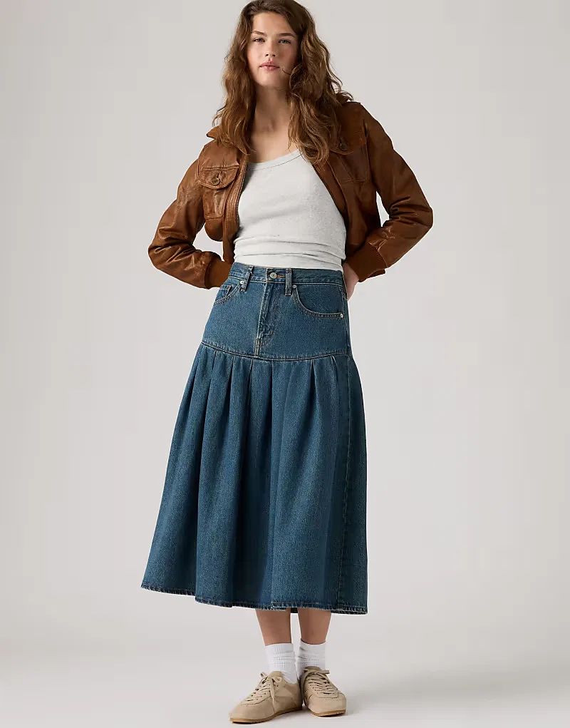 Длинная плиссированная джинсовая юбка Levi's Yoked, синий — фото 3