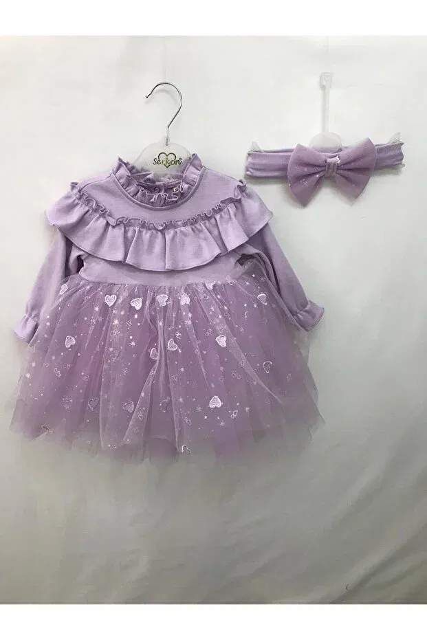 Детское платье для девочек с принтом Heart tulle valon dress 152.0569 Serkon Baby, Lilac — фото 3