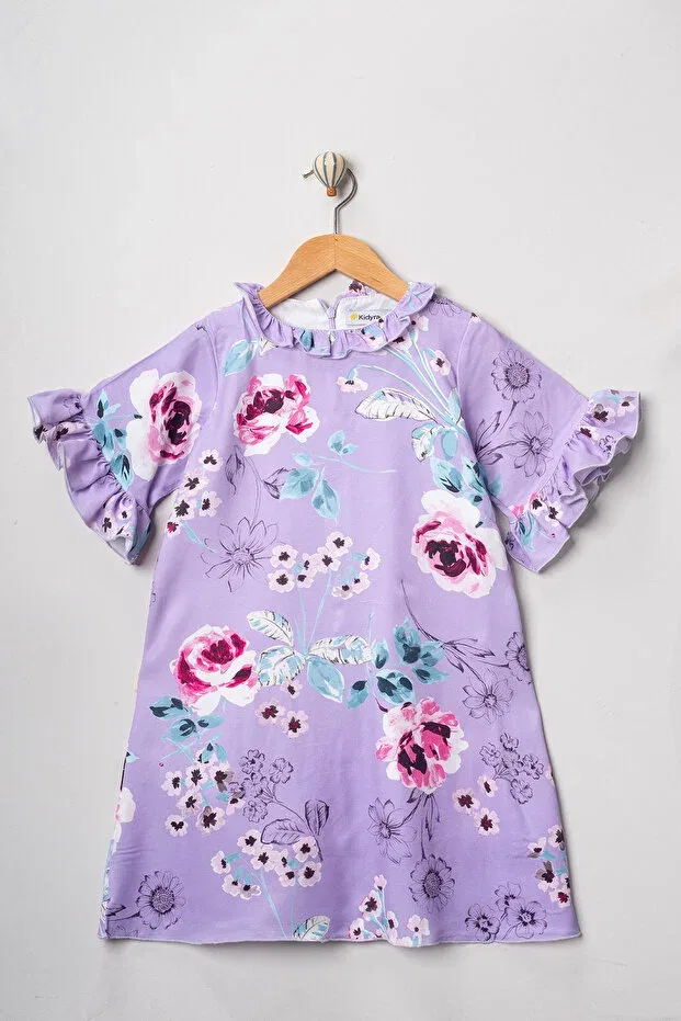Детское платье для девочек с принтом Lilac ruffle detailed rose patterned Kidyra, Multicolor — фото 2