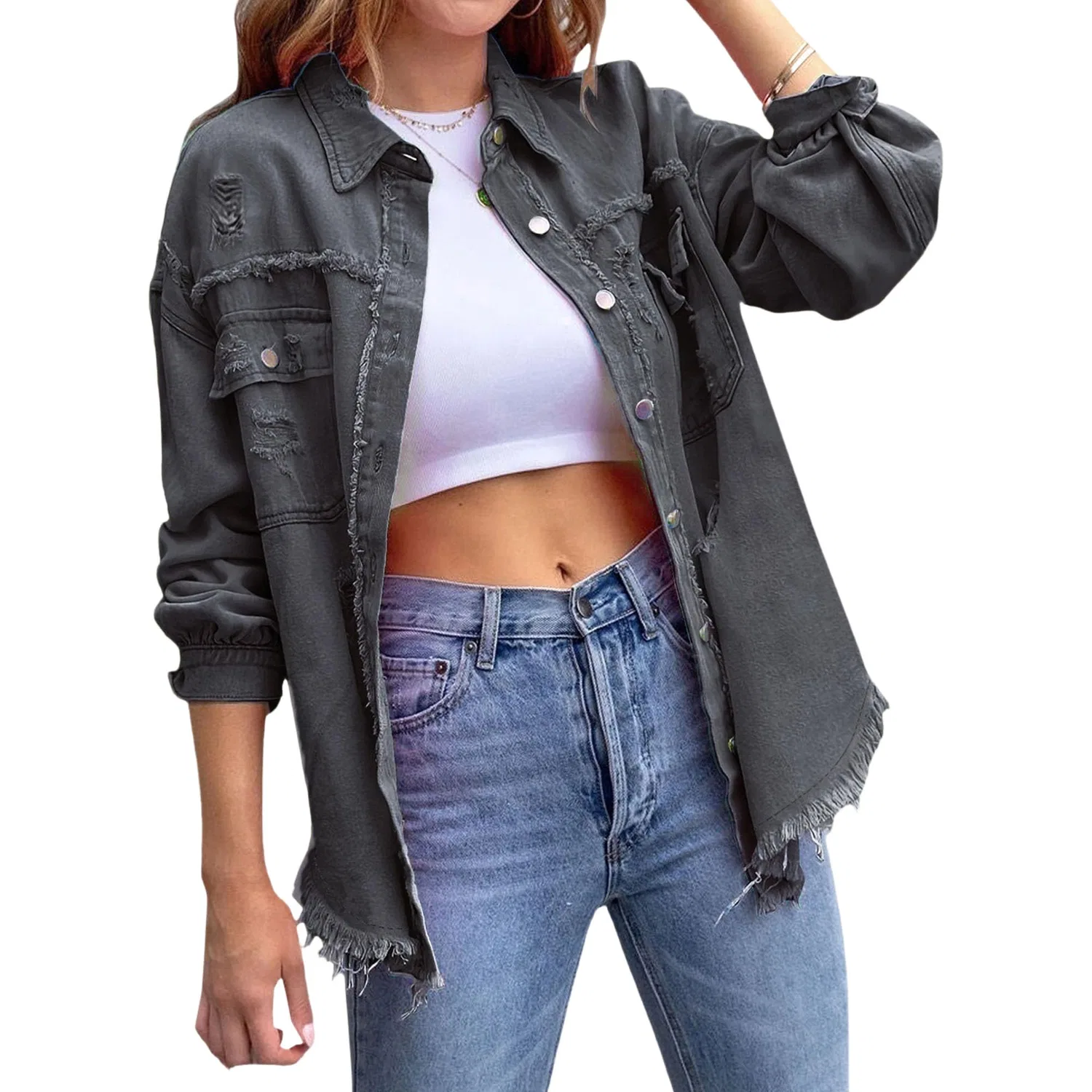 Женская джинсовая рубашка oversize с длинным рукавом, Grigio