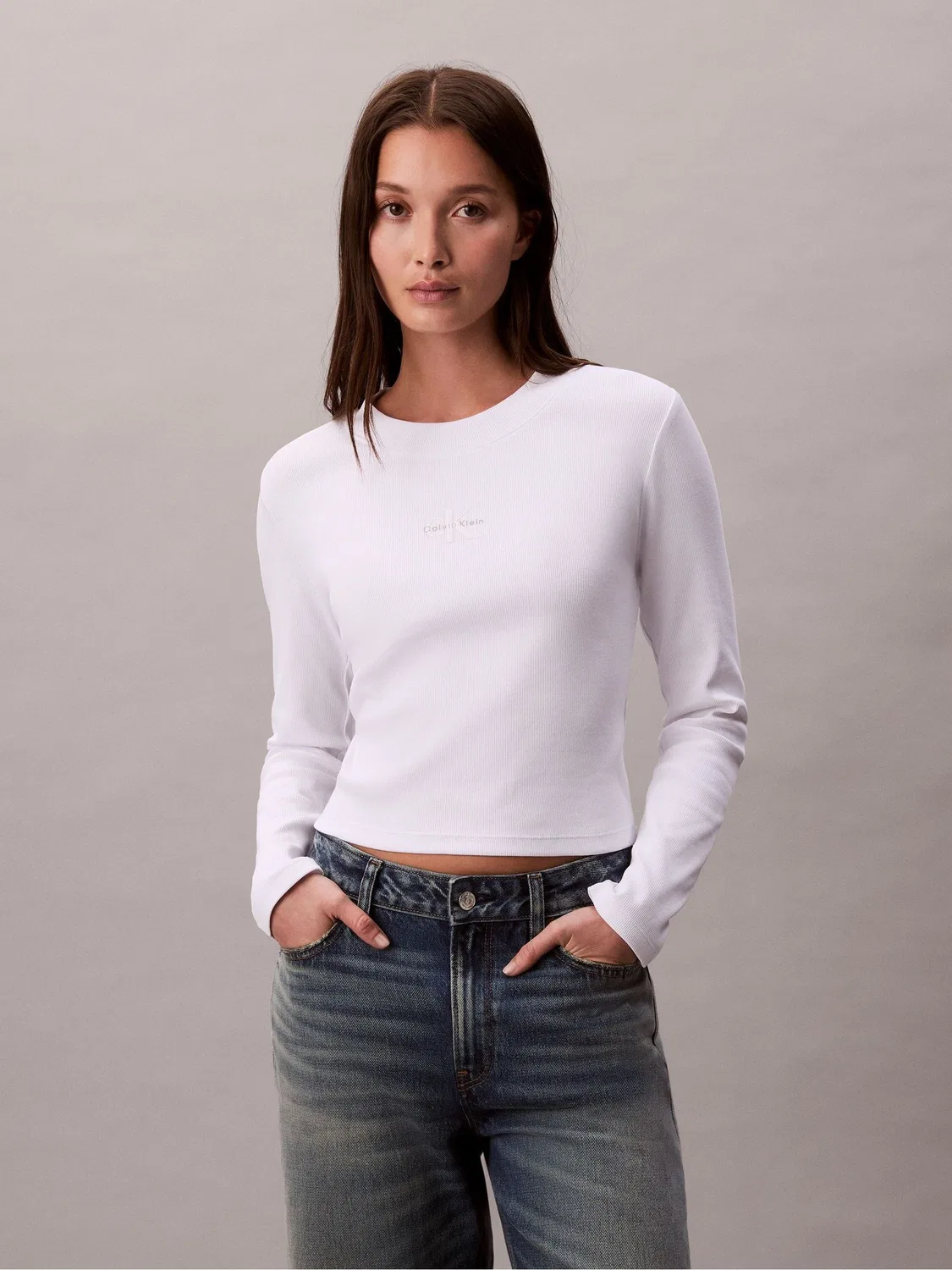 Футболка с длинным рукавом, монограмма Calvin Klein, белый
