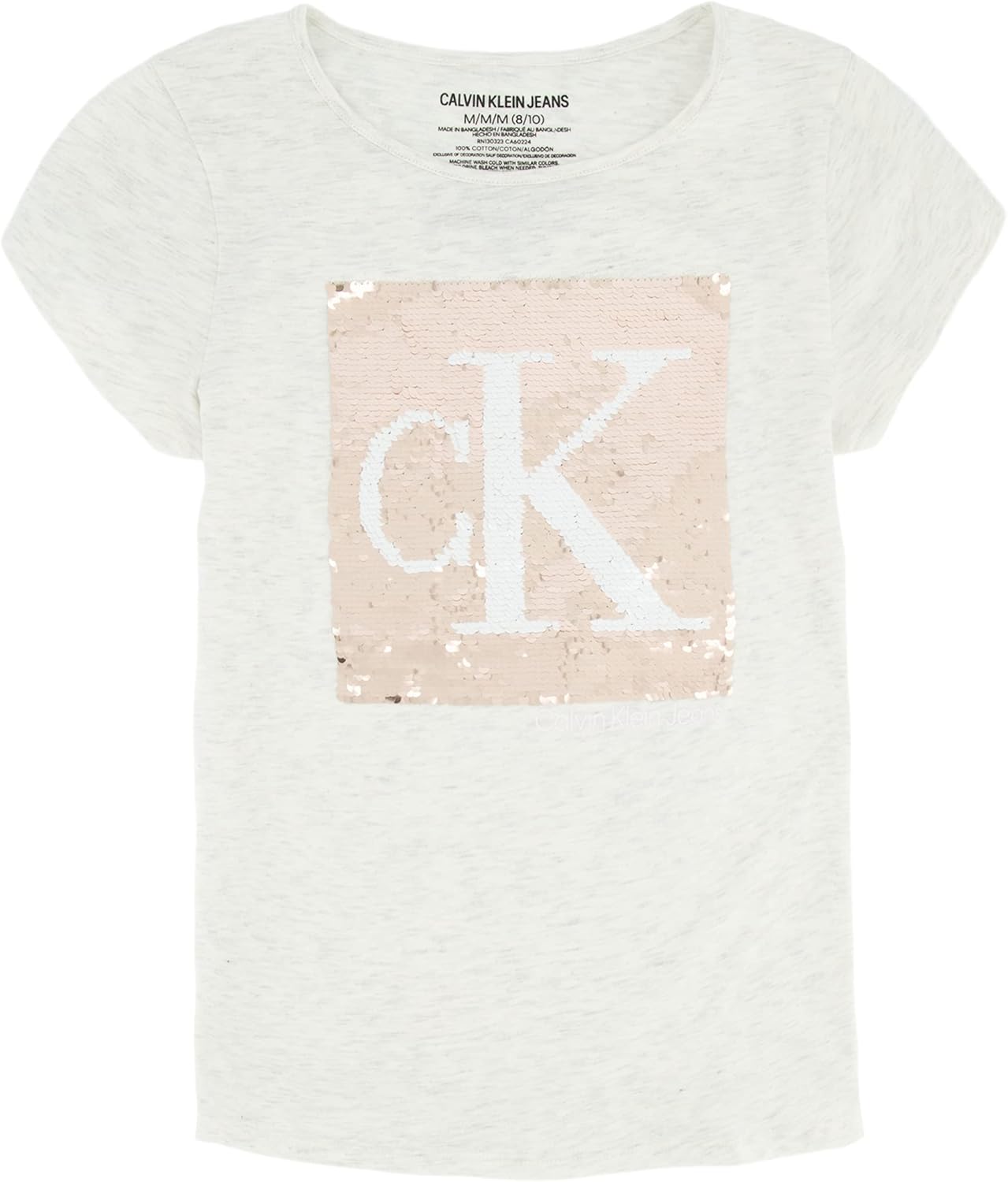 

Футболка Calvin Klein для девочек с короткими рукавами, хлопковым принтом, пайетками и без бирки внутри, Oatmeal Pop