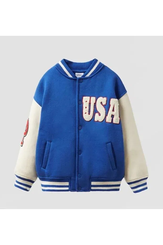 Детская куртка-бомбер с принтом Unisex USA Embroidered College Bomber Pink Hippo Kids, Saks Blue — фото 3