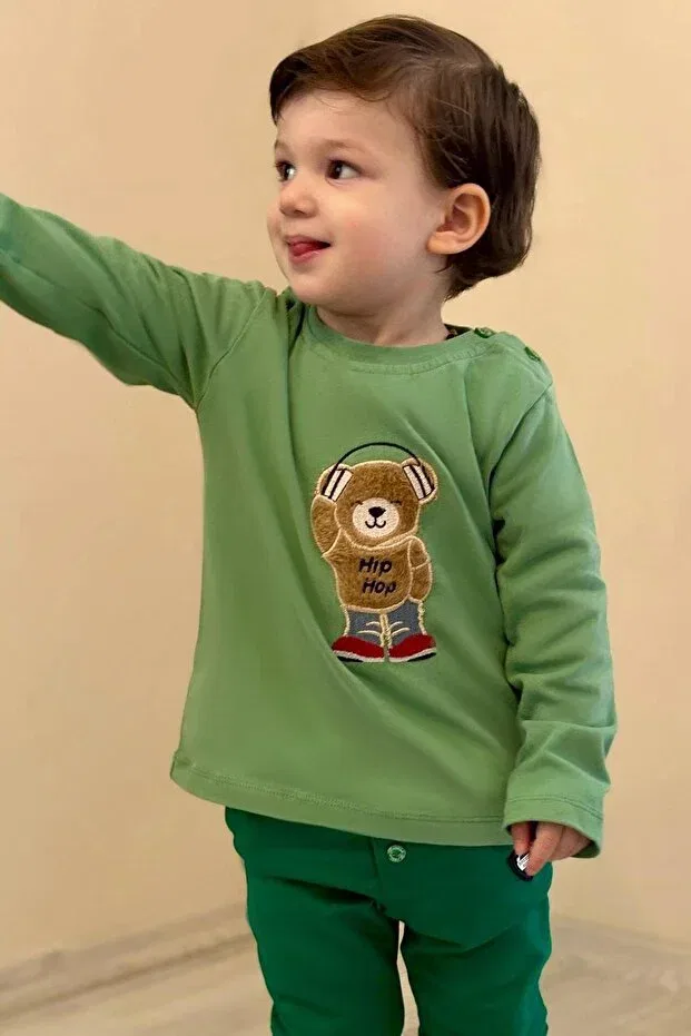 Детская футболка для мальчиков с длинным рукавом Teddy Bear Embroidery Breeze, Mint Green