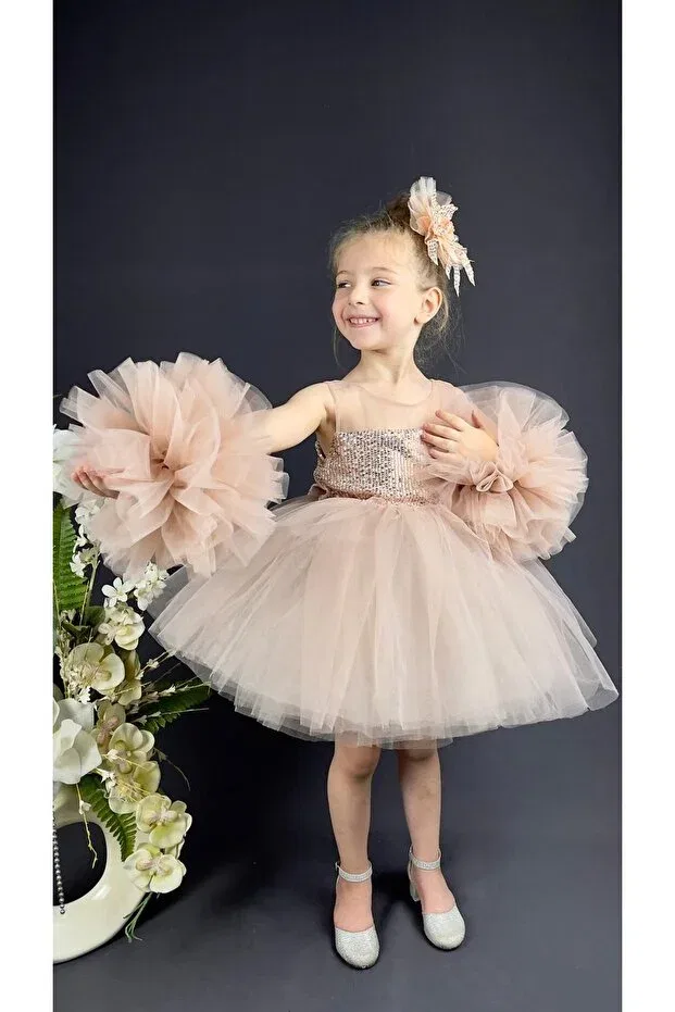 Детское платье для девочек с пайетками Chiffon Gown Pompom Sleeve Sequin Mnk Baby&Kids, Powder — фото 3