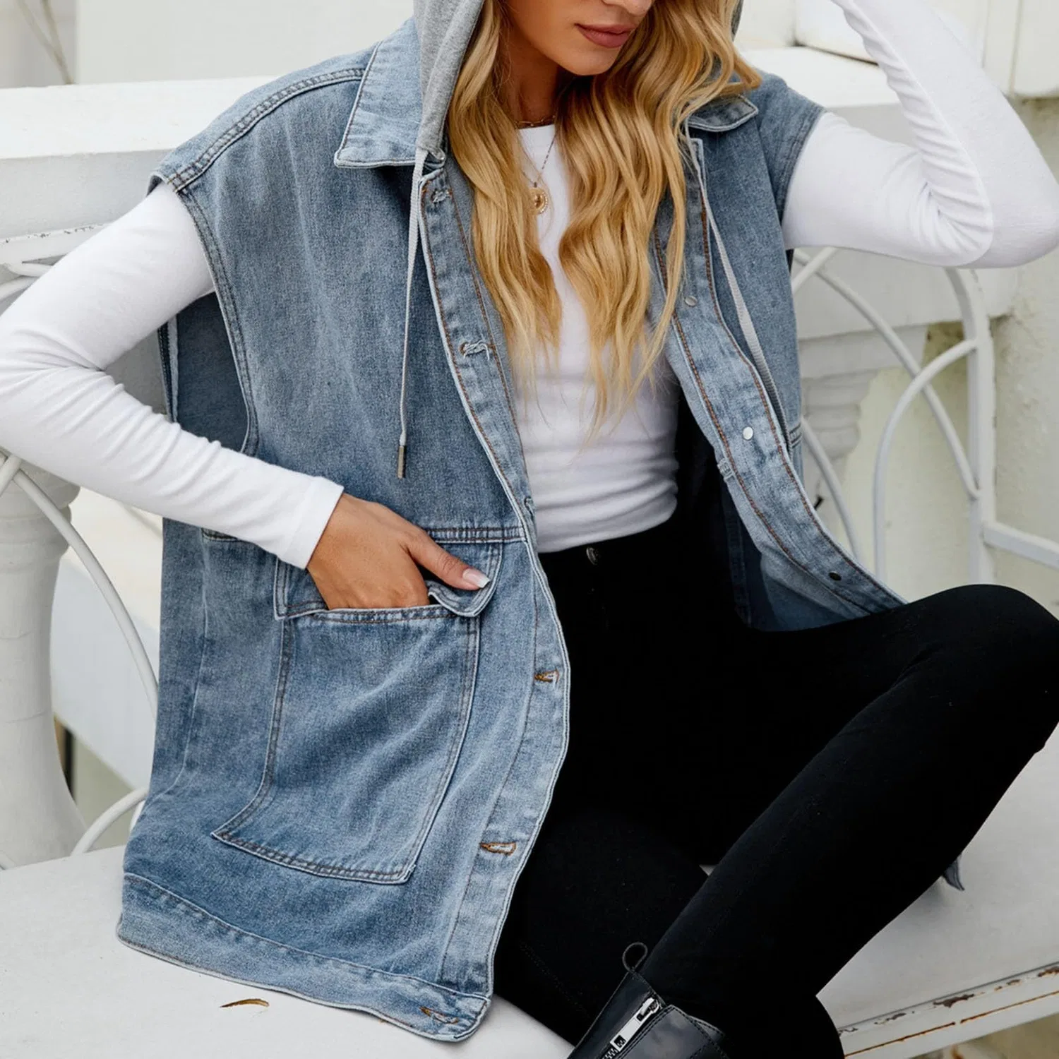 Женский джинсовый жилет без рукавов Mid Long Jean Gilet, Blu — фото 3