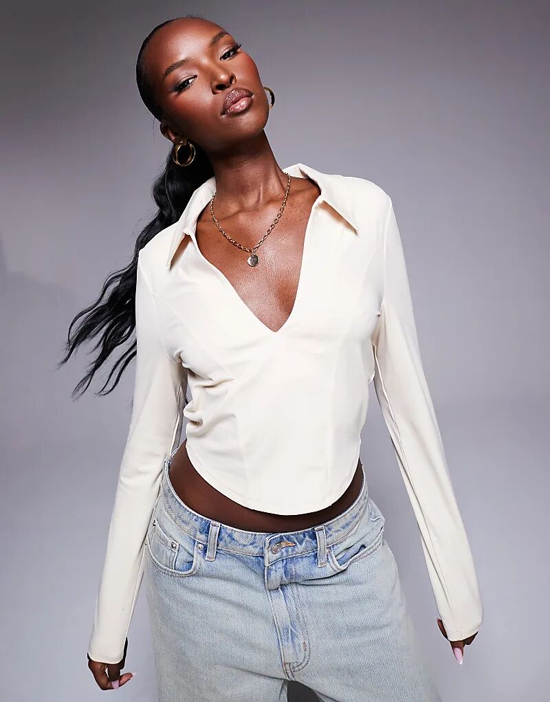 

Топ с длинными рукавами и воротником в каменном цвете ASOS DESIGN