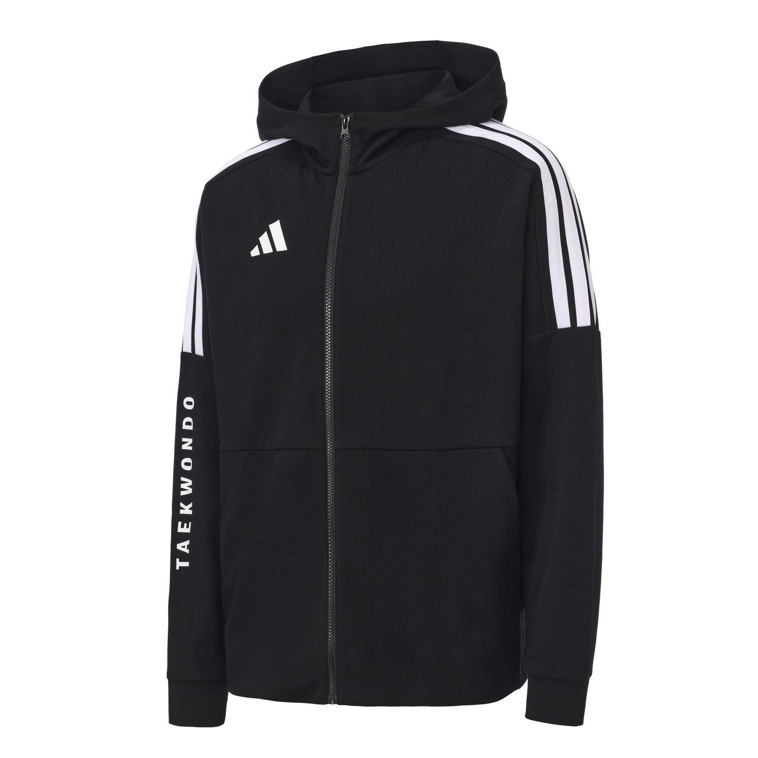 Adidas Куртка унисекс, черная с белыми полосами, с капюшоном, умеренной плотности ткани, с несколькими карманами, трикотажная — фото 3