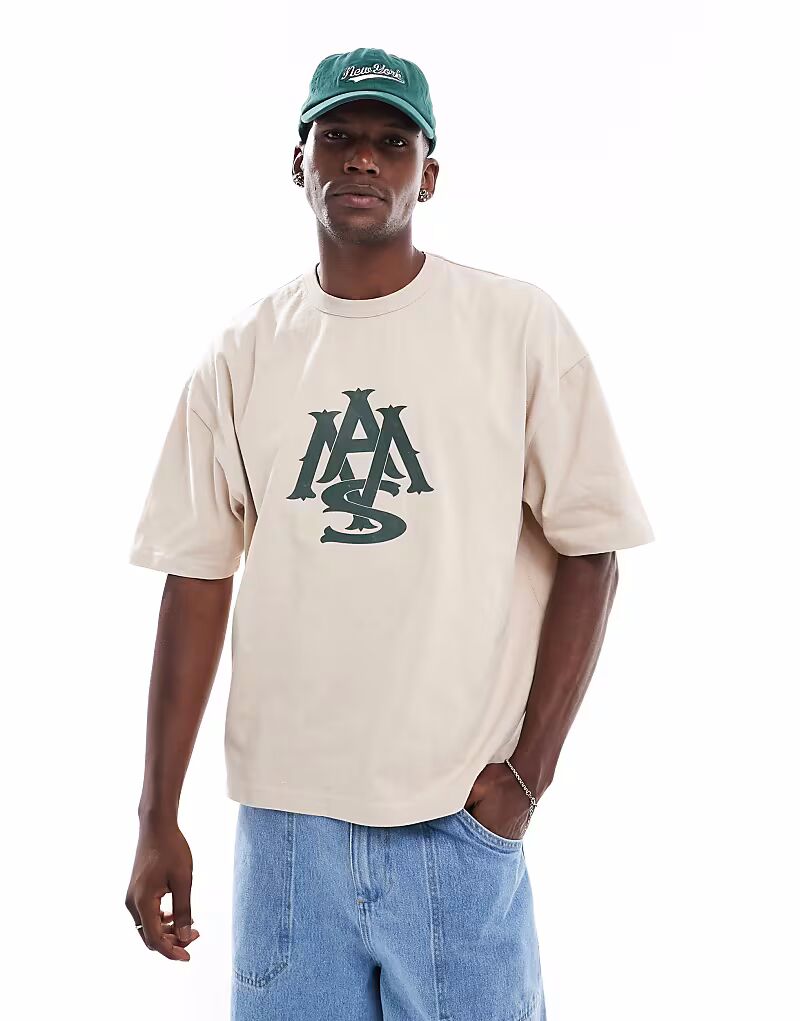 

Футболка свободного кроя плотного бежевого цвета с прорезиненным принтом на груди Asos Design, Бежевый, Футболка свободного кроя плотного бежевого цвета с прорезиненным принтом на груди Asos Design