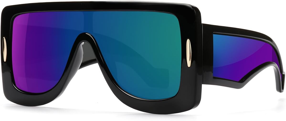 

Модные солнцезащитные очки-маска с анаграммой для женщин и мужчин, большие, с плоской верхней частью, модные солнцезащитные очки-щитки с защитой от УФ-излучения GFUIARA, Black/Green