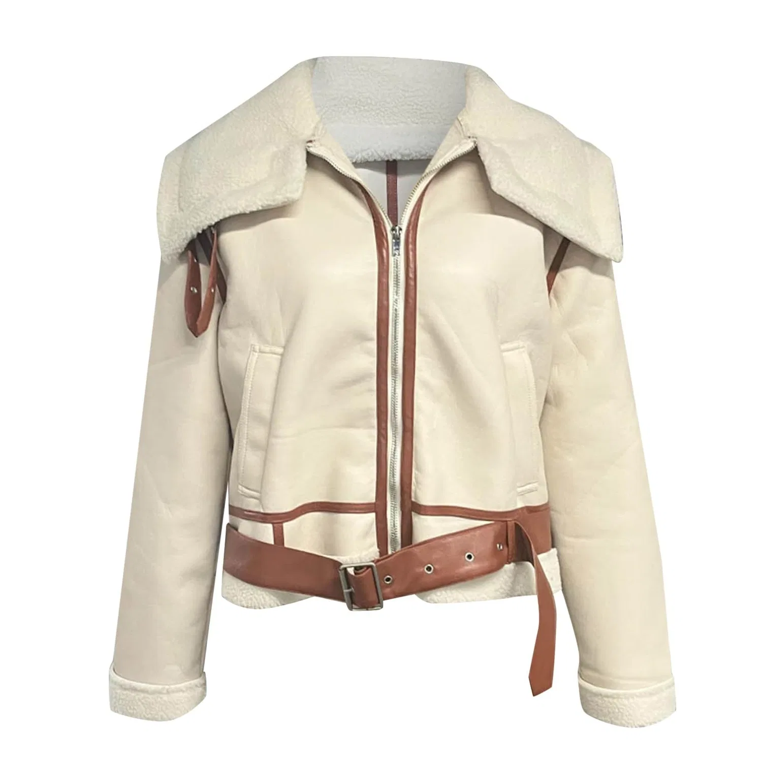 Женское зимнее пальто с лацканами и длинным рукавом Biker Style, White — фото 4