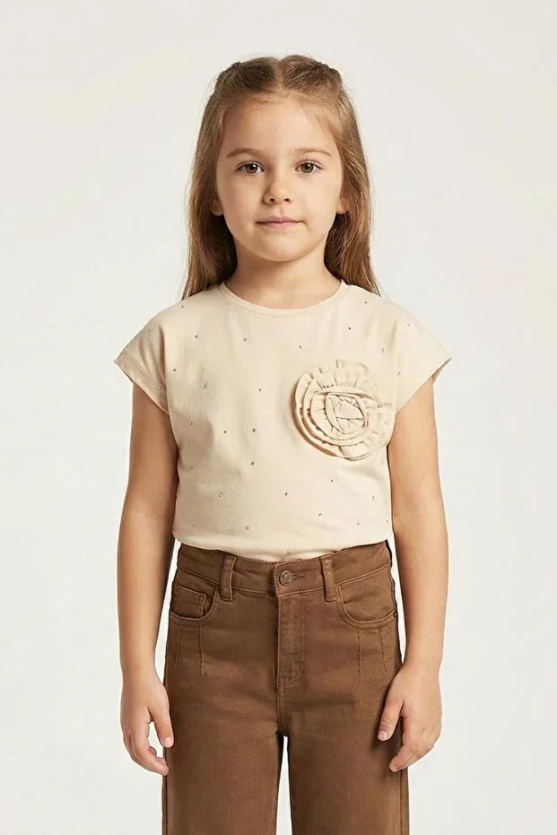 Детская футболка для девочек с принтом Floral Appliqué Stone Embroidered Mutlu Kids, Beige