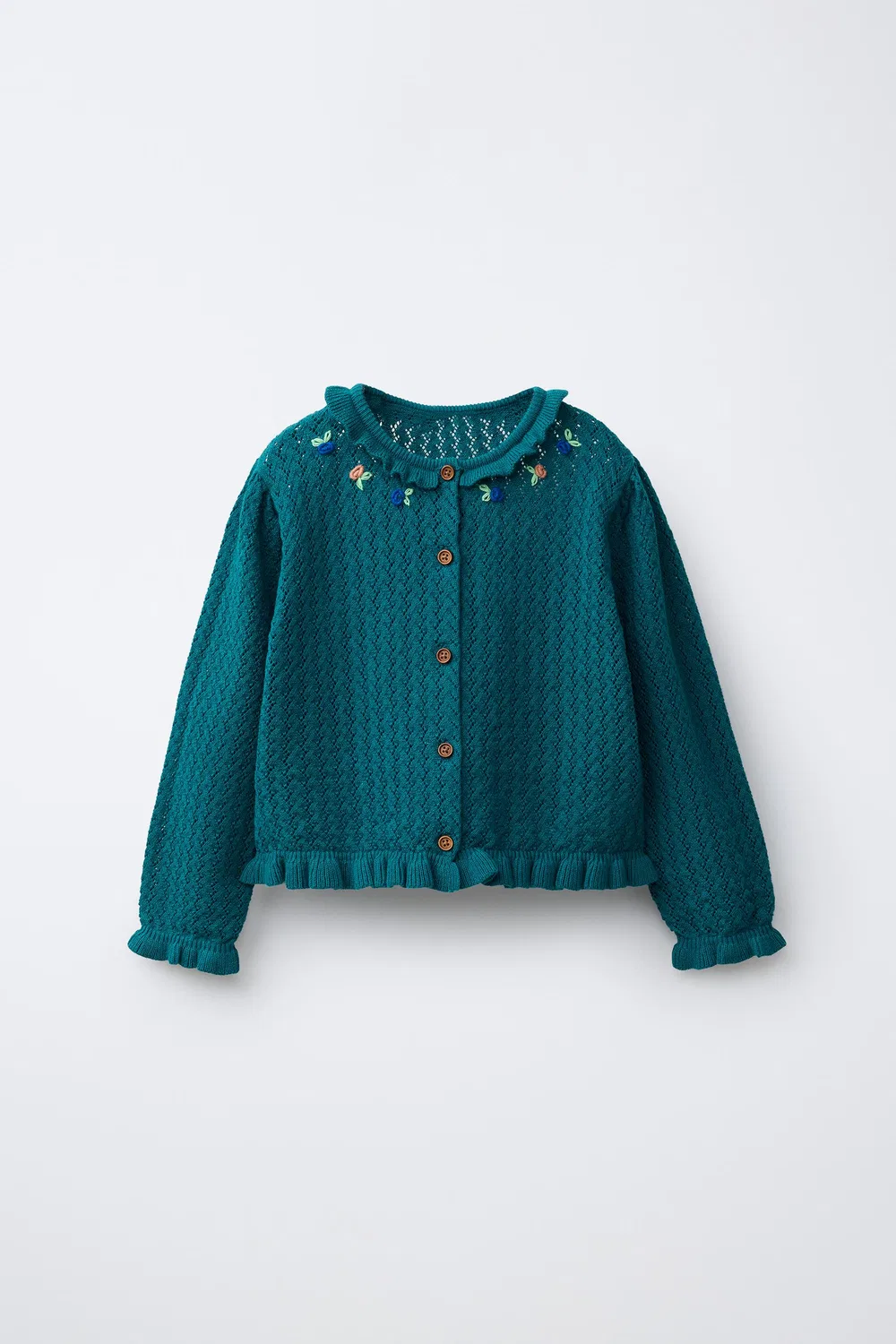 Кардиган из хлопка и льна с оборками и вышивкой. ZARA, Duck green