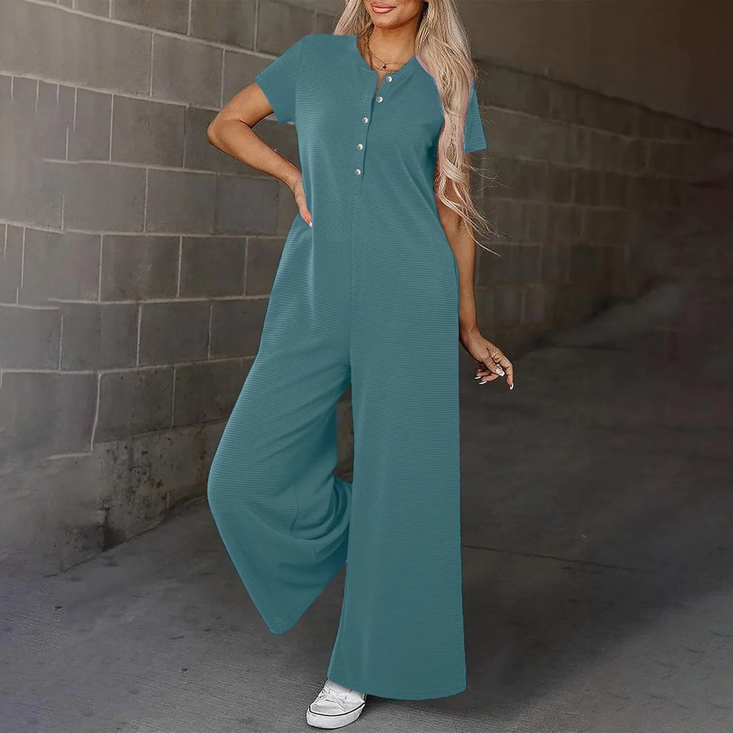 Женский широкий комбинезон с V-образным вырезом Rib Knit, Light Blue — фото 2