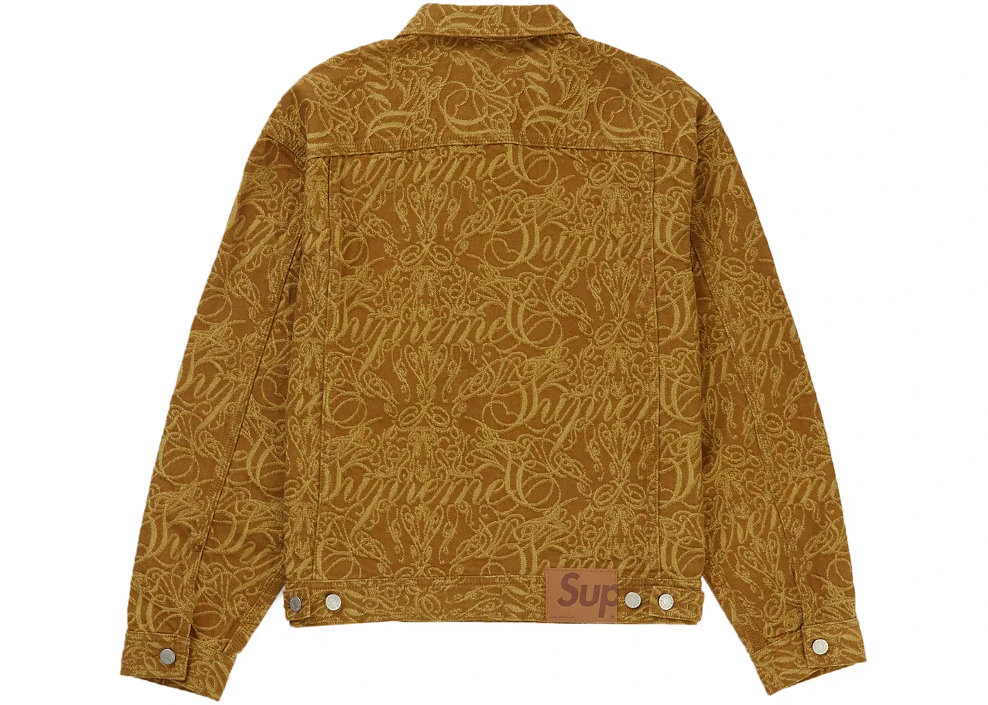 Мужская джинсовая куртка с жаккардовым принтом Supreme Script Jacquard Denim Trucker Jacket, Brown — фото 2