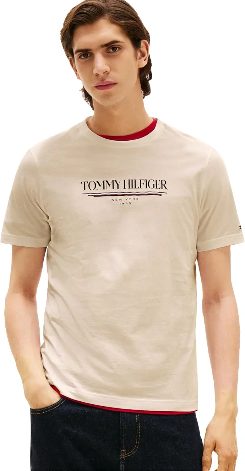 Мужская хлопковая футболка с коротким рукавом Tommy Hilfiger с графическим принтом и напечатанным логотипом