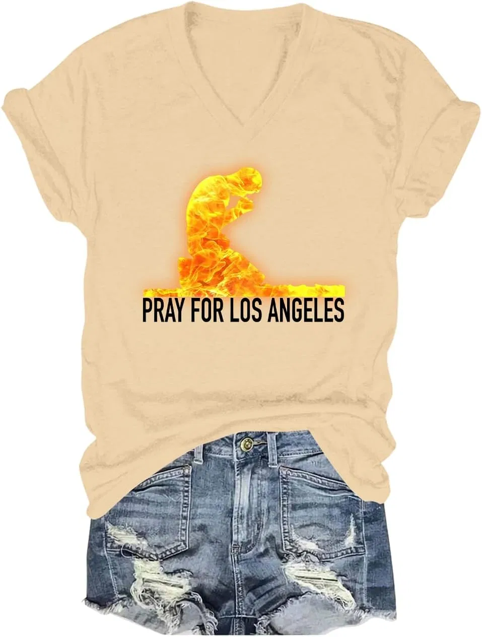 Женская футболка с принтом Pray for Los Angeles, V-образный вырез, Khaki
