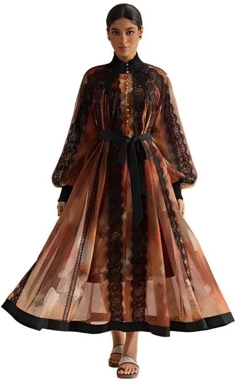 Женское платье-макси с цветочным принтом, Floral Print Maxi Dress with Lace Panels, Long Balloon Sleeves, High Neck, Belted A-Line, коричневый