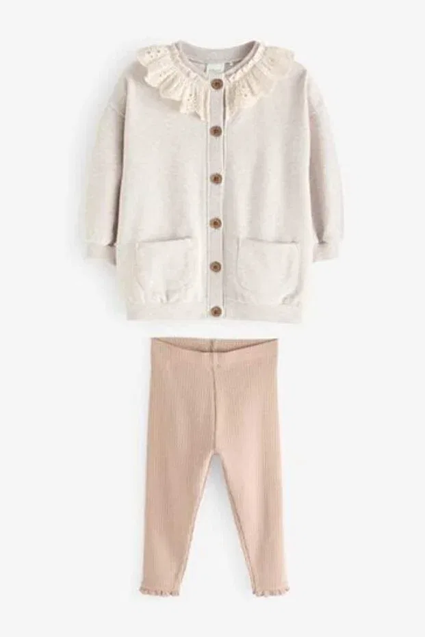 Детский комплект для девочек с принтом Pink Leggings And Cotton Cream Lace Collar Cardigan Set Next Baby, Cream — фото 4