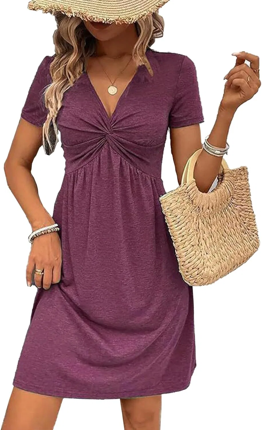 Женское элегантное платье с V-образным вырезом и складками, A-line, Purple