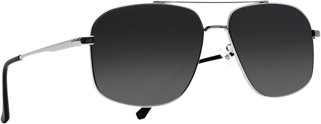 

Ретро-солнцезащитные очки-авиаторы квадратной формы для мужчин и женщин - большие поляризованные очки в металлической оправе для вождения - классический стиль UV400 QIFP, Black Silver- Gray