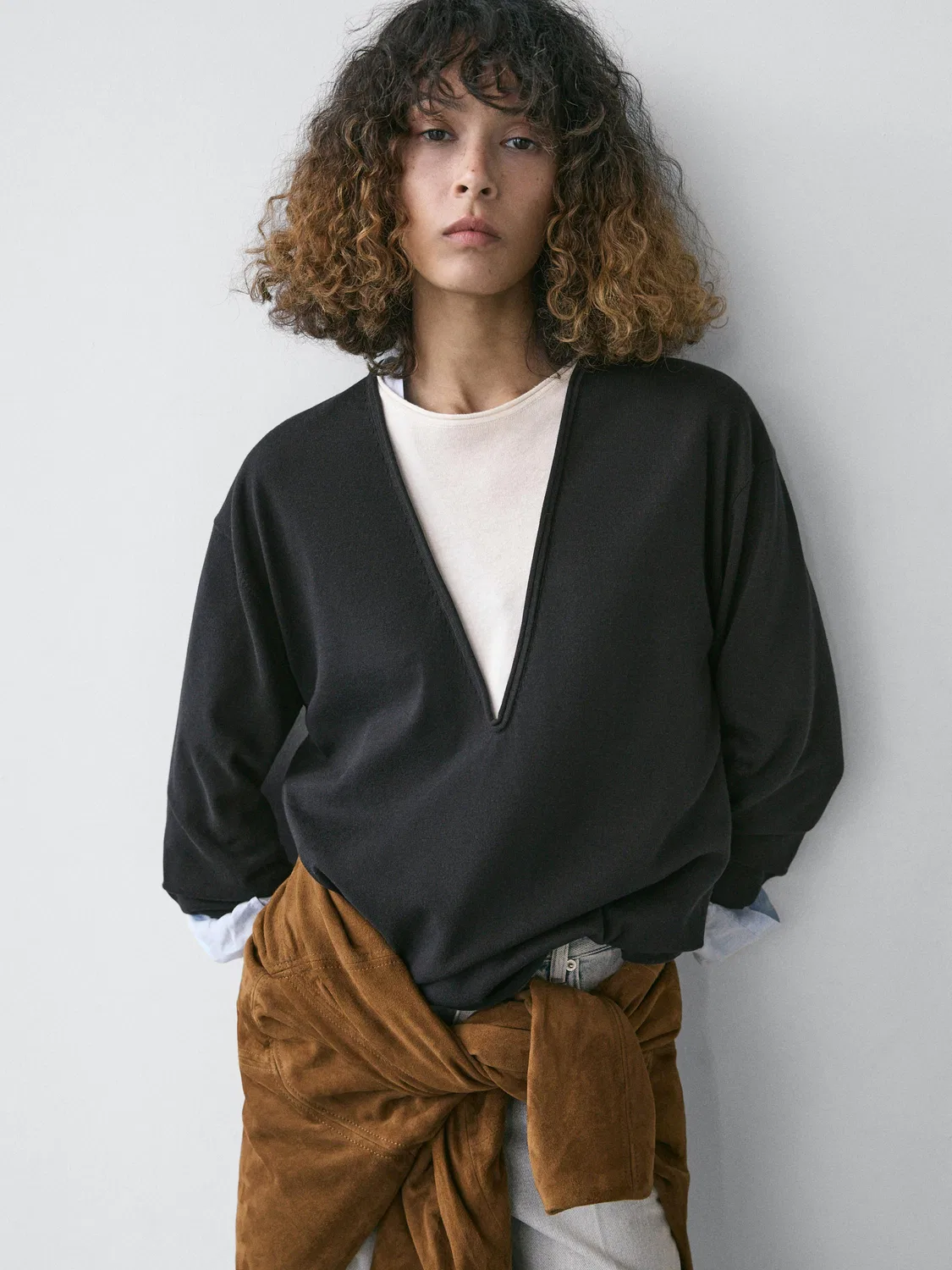 Свитер Massimo Dutti Cotton Blend Knit With Contrast Fabric, темно-синий