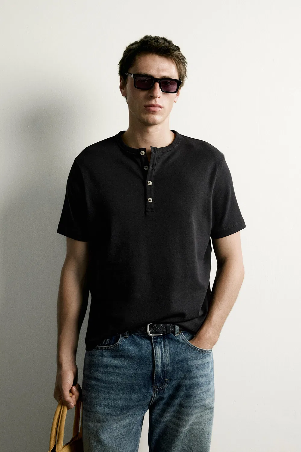 Футболка Henley стандартного кроя ZARA, Black — фото 2